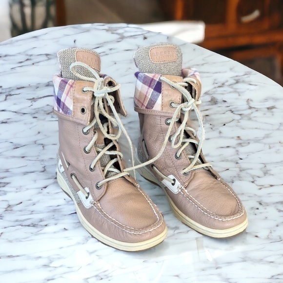 Sperry Top Sider Tan Lightweight Foldable Boots Women's Size 7 Plaid Lining - Picture 1 of 13